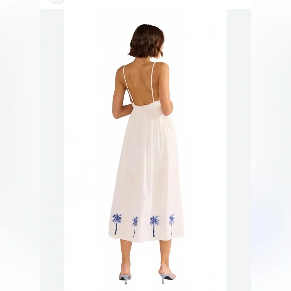 MinkPink White tropical palm tree embroidered midi dress - Picture 3 of 10